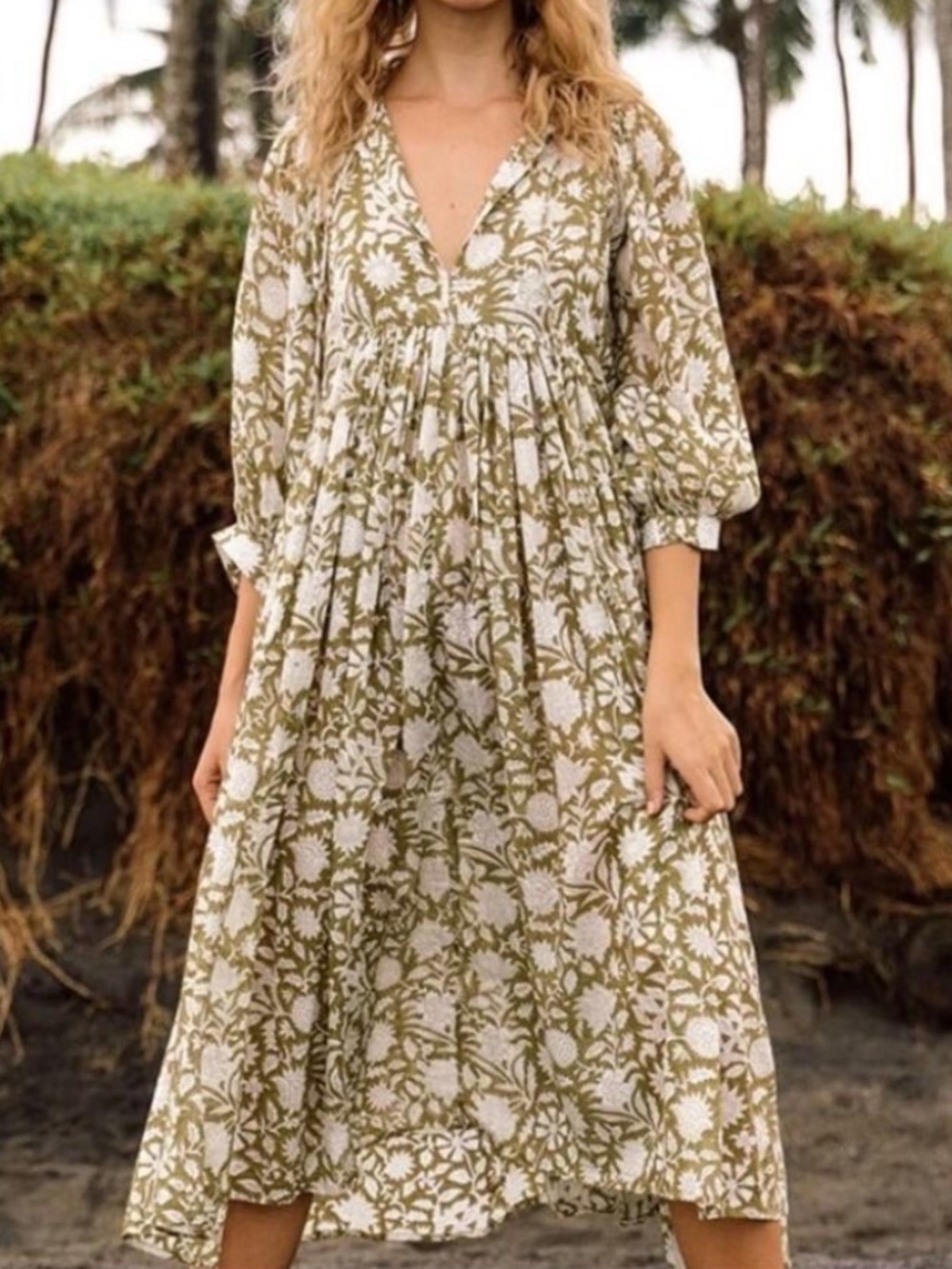 Daughters of India Kyra Midi Dress Green Floral Print Boho Size Large